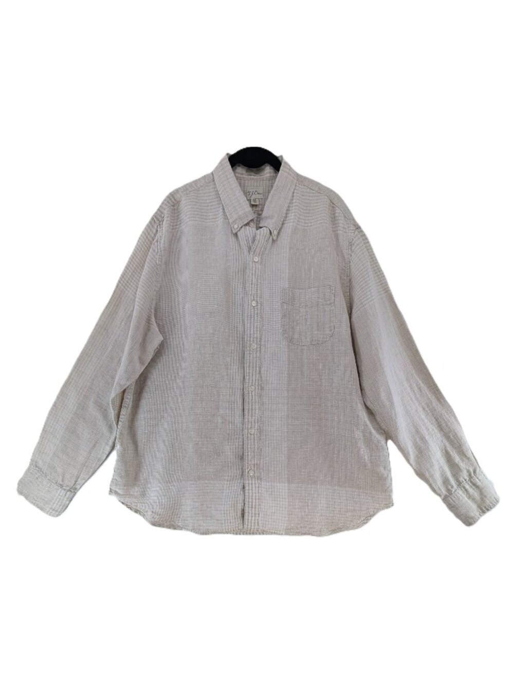 J Crew Irish Linen Shirt Mens Size XL Beige Classic Baird McNutt Plaid Pocket
